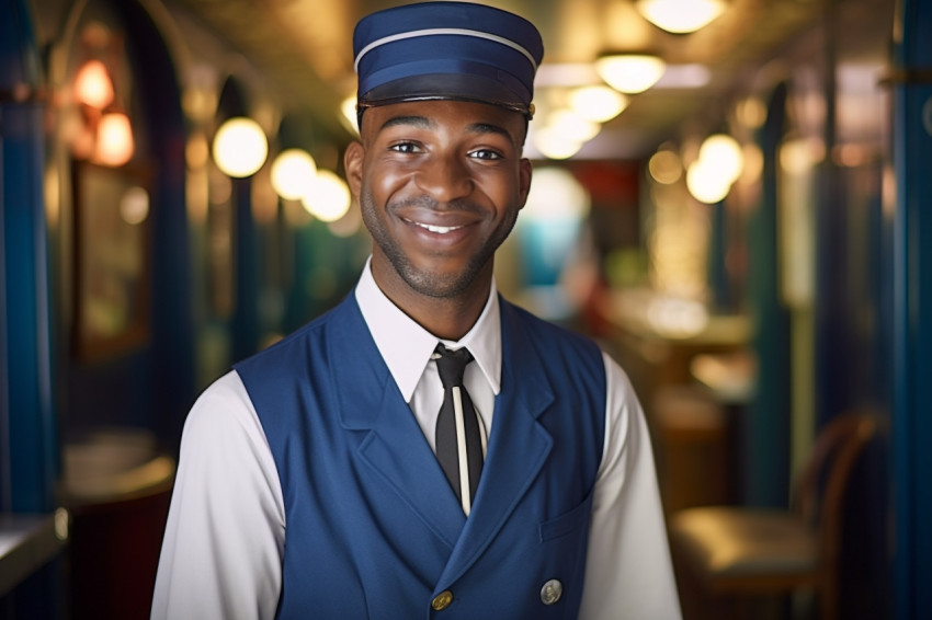 Friendly bellhop smiling at work