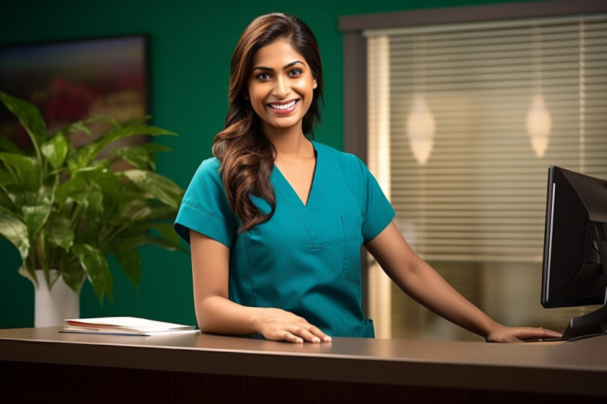 Indian receptionist working with a smile