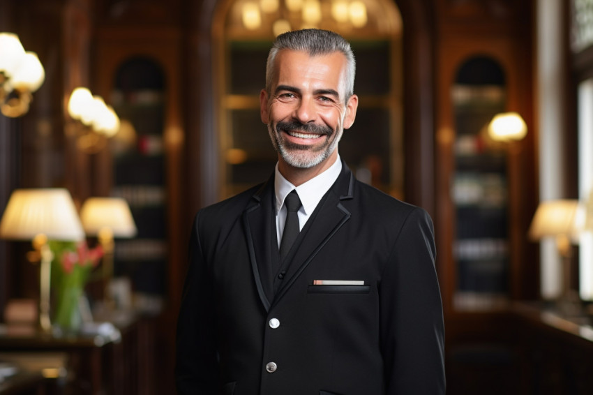 Smiling concierge helping guests on blurred background