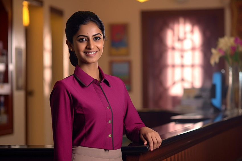 Indian woman concierge smiles at work on blurred background