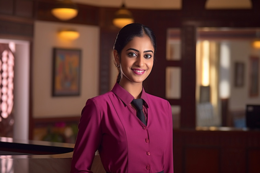 Indian woman concierge smiles at work on blurred background