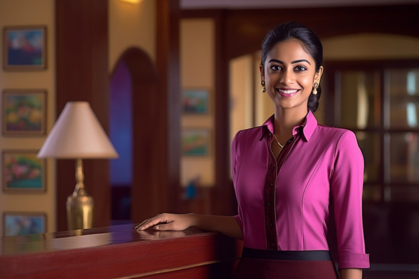 Indian woman concierge smiles at work on blurred background