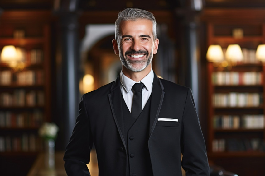 Smiling concierge helping guests on blurred background