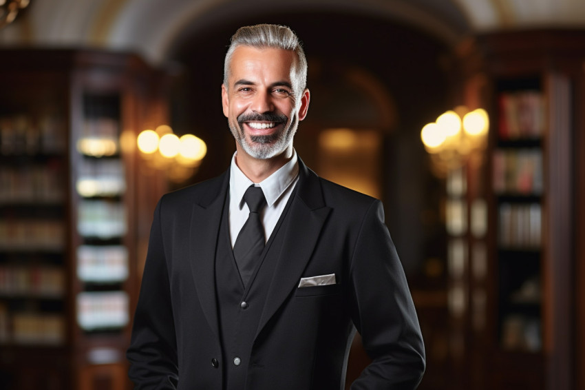 Smiling concierge helping guests on blurred background