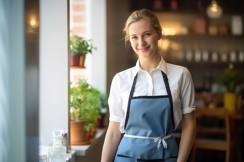 Smiling housekeeper working on blurred background