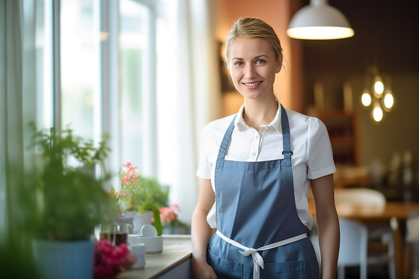 Smiling housekeeper working on blurred background