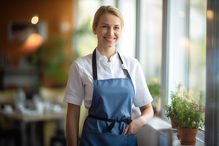 Smiling housekeeper working on blurred background