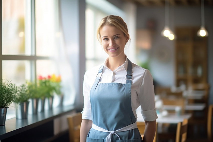 Smiling housekeeper working on blurred background