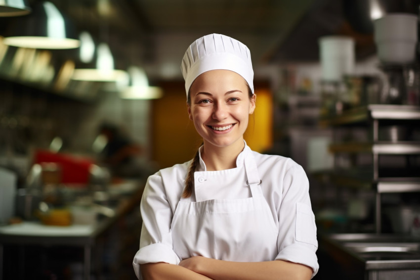 Happy female chef cooking on blurred background