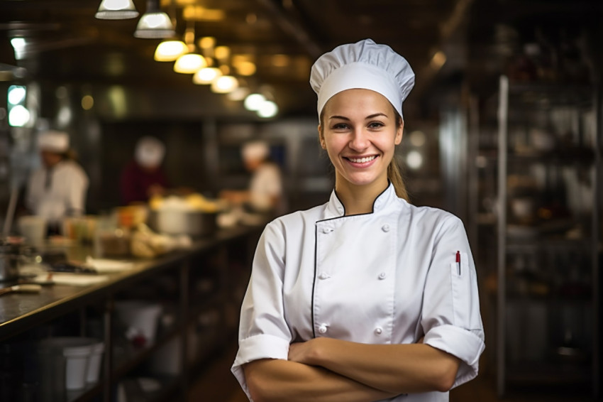 Happy female chef cooking on blurred background