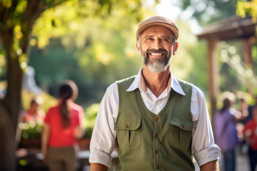 Smiling tour guide on blurred background Smiling tour guide on blurred background