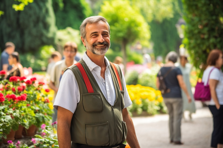 Smiling tour guide on blurred background Smiling tour guide on blurred background