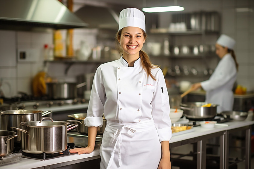 Happy female chef cooking on blurred background