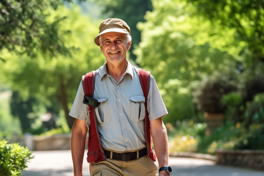 Smiling tour guide on blurred background Smiling tour guide on blurred background
