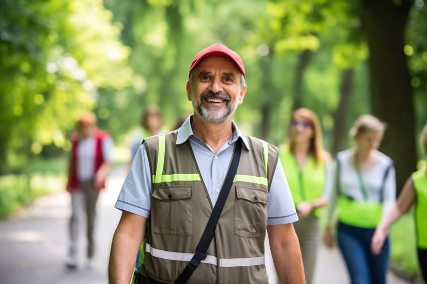 Smiling tour guide on blurred background Smiling tour guide on blurred background