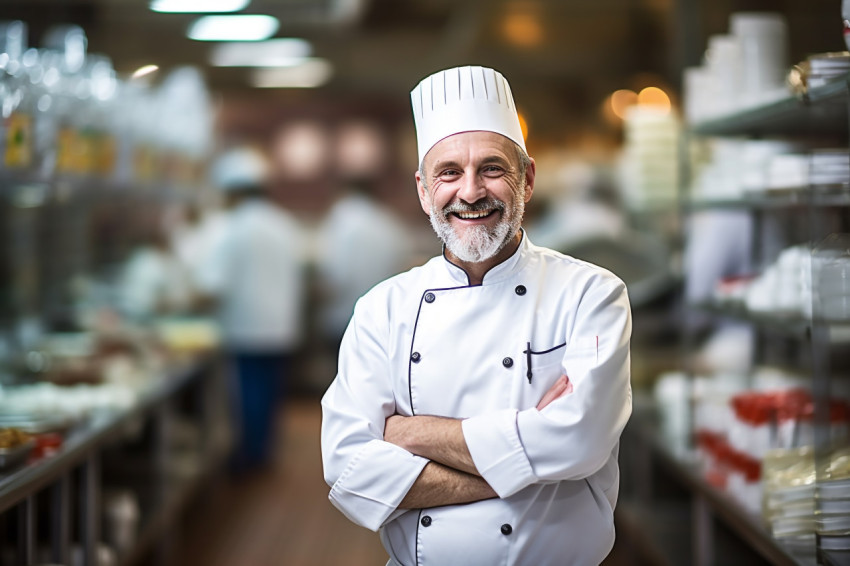 Smiling chef working in blurred background