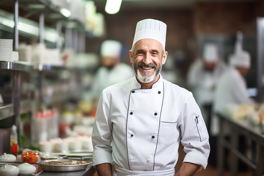 Smiling chef working in blurred background