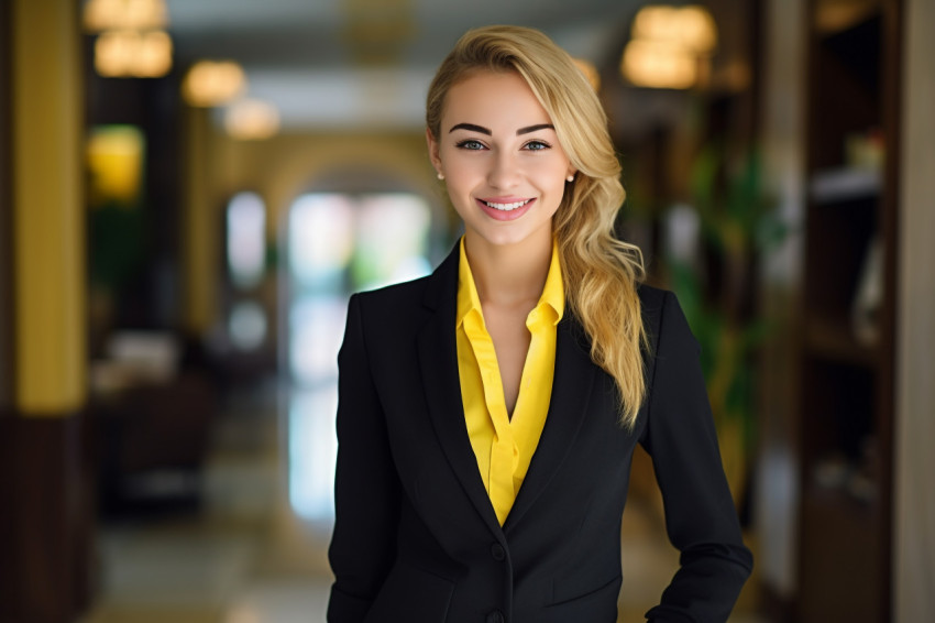 Smiling concierge woman working on blurred background Smiling concierge woman working on blurred background