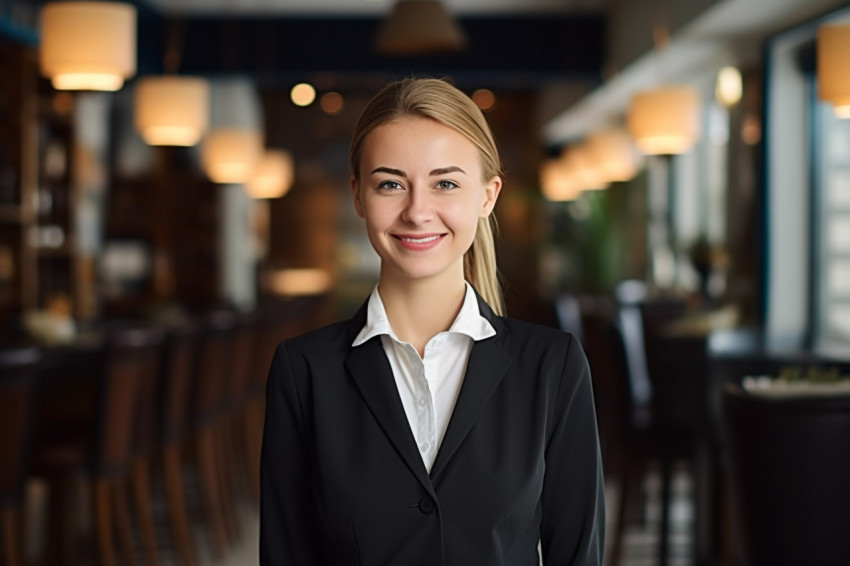 Smiling concierge woman working on blurred background Smiling concierge woman working on blurred background