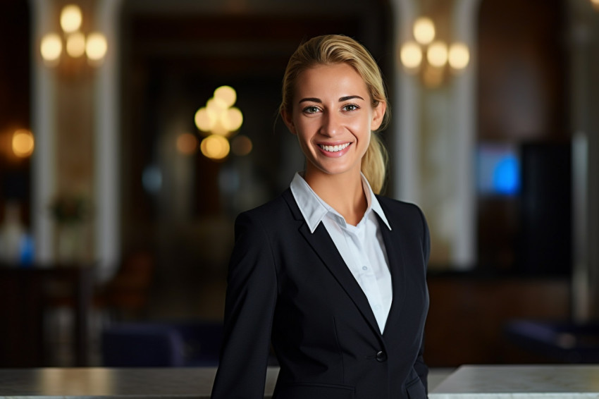 Smiling concierge woman working on blurred background Smiling concierge woman working on blurred background