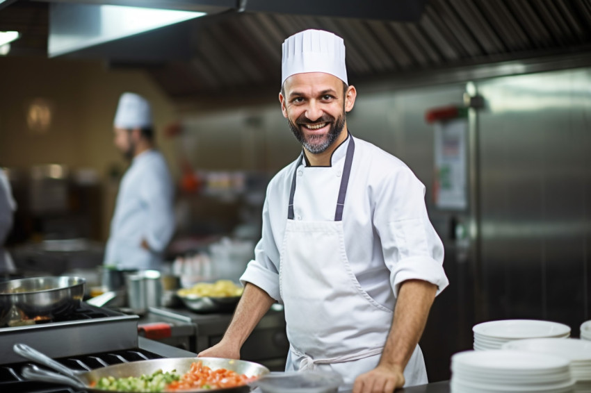 Smiling chef cooking at work in blurred kitchen