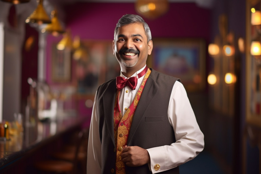 Indian concierge smiling on blurred background