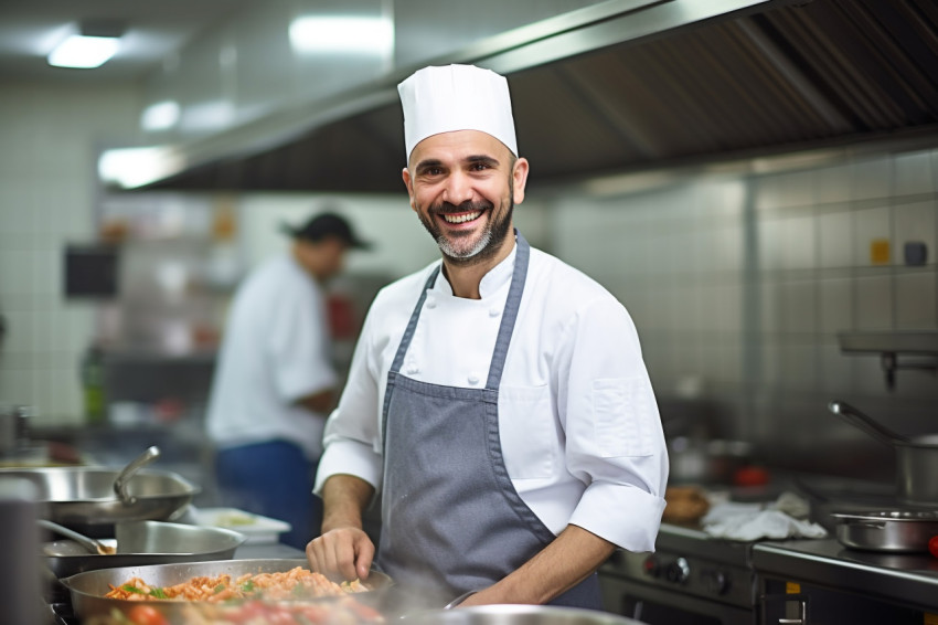 Smiling chef cooking at work in blurred kitchen