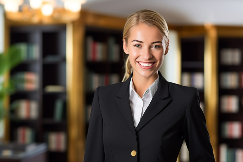 Smiling concierge woman working on blurred background Smiling concierge woman working on blurred background