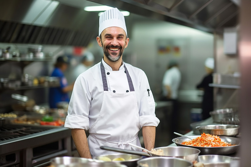 Smiling chef cooking at work in blurred kitchen