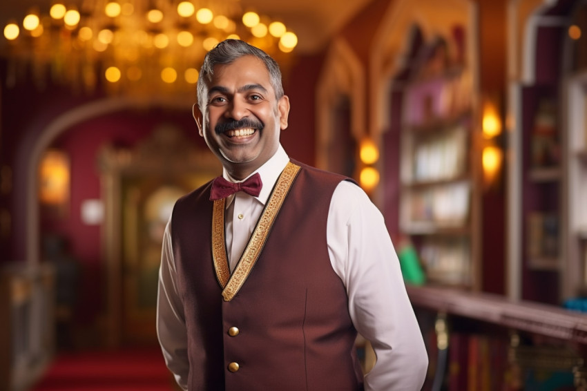 Indian concierge smiling on blurred background