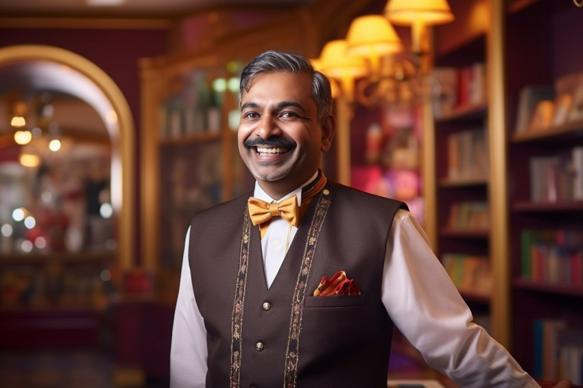 Indian concierge smiling on blurred background