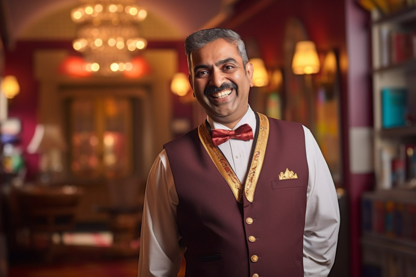 Indian concierge smiling on blurred background