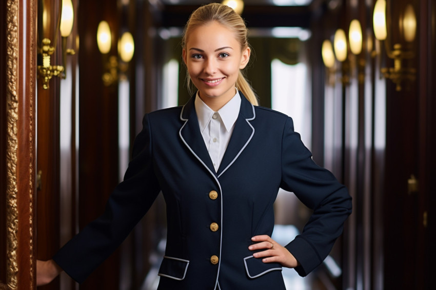 Smiling doorwoman at work on blurred background