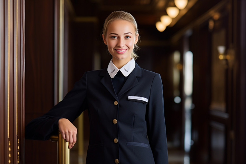 Smiling doorwoman at work on blurred background