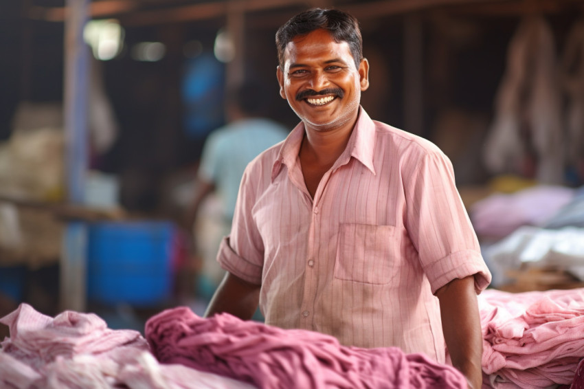 Friendly Indian laundry worker smiling at work