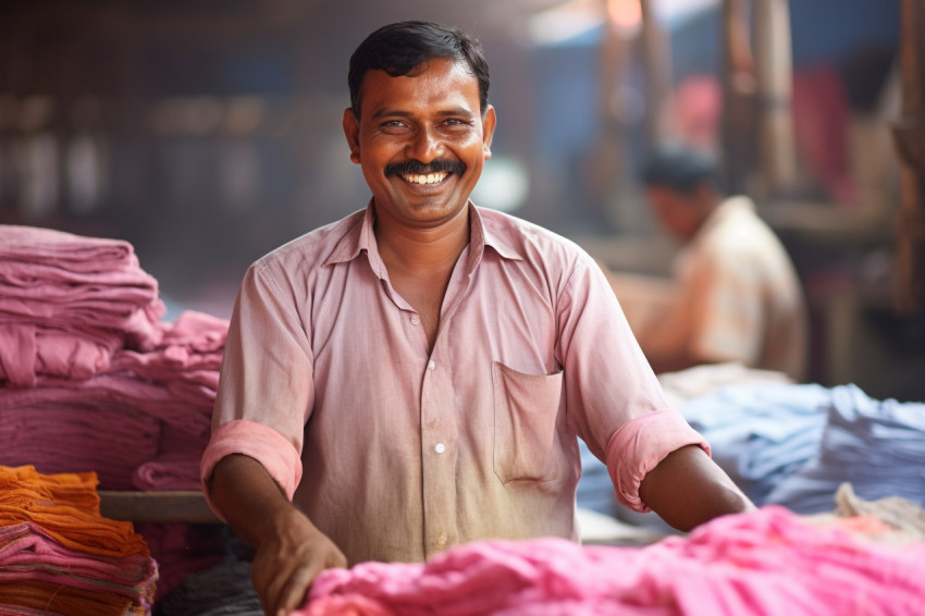 Friendly Indian laundry worker smiling at work