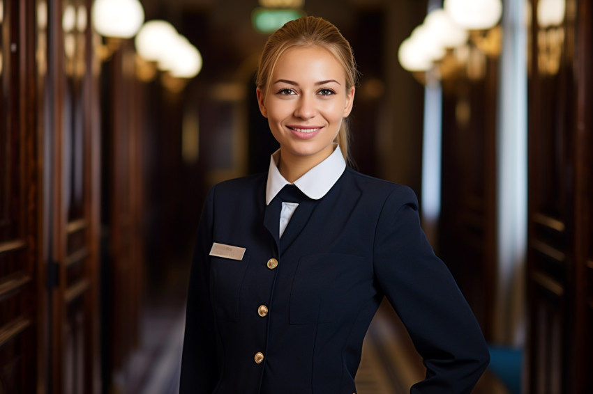 Smiling doorwoman at work on blurred background