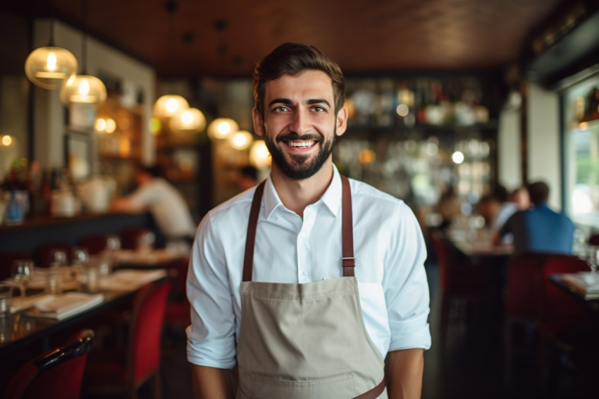 Friendly waiter smiling in blurred restaurant