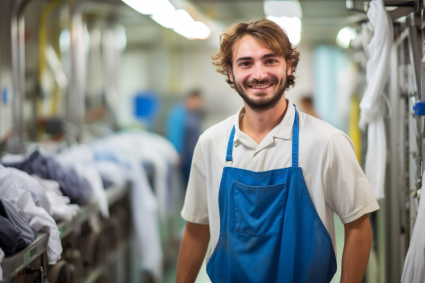 Smiling laundry worker on blurred background