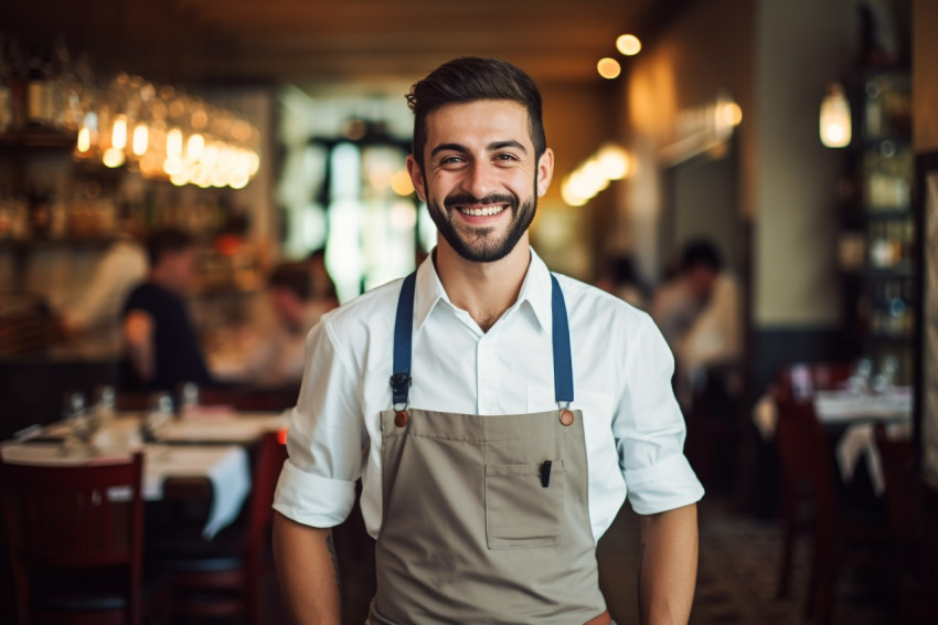 Friendly waiter smiling in blurred restaurant