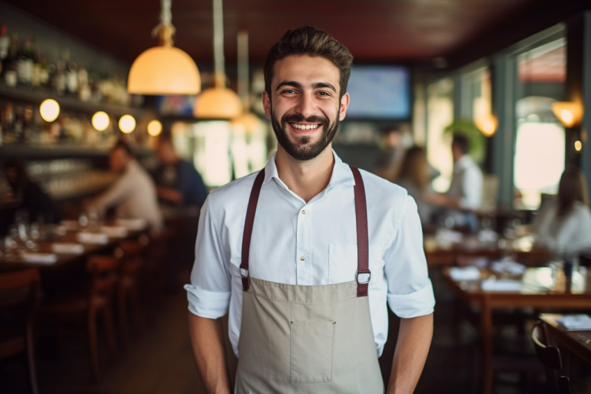 Friendly waiter smiling in blurred restaurant