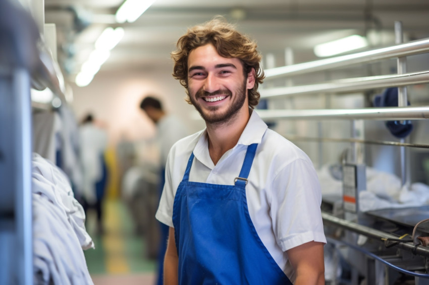 Smiling laundry worker on blurred background