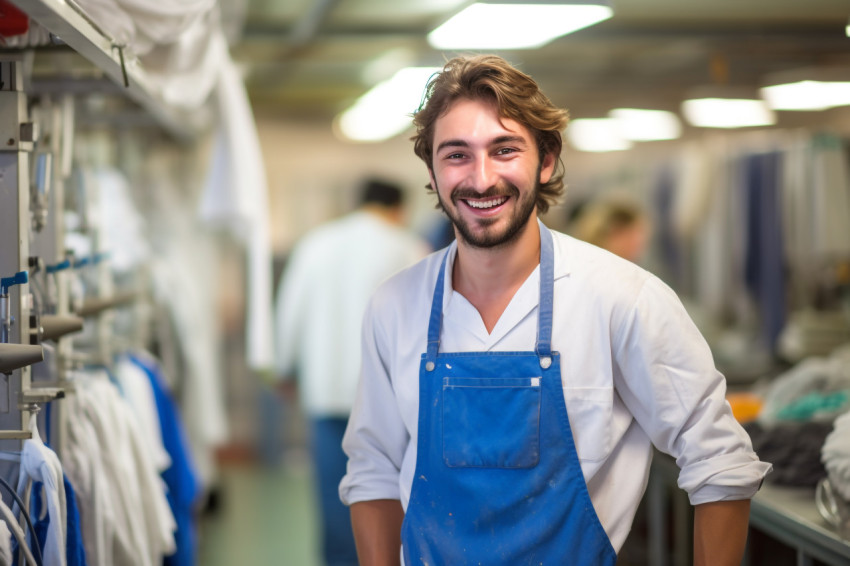 Smiling laundry worker on blurred background