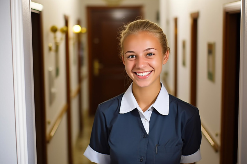 Smiling woman doorkeeper on blurred background