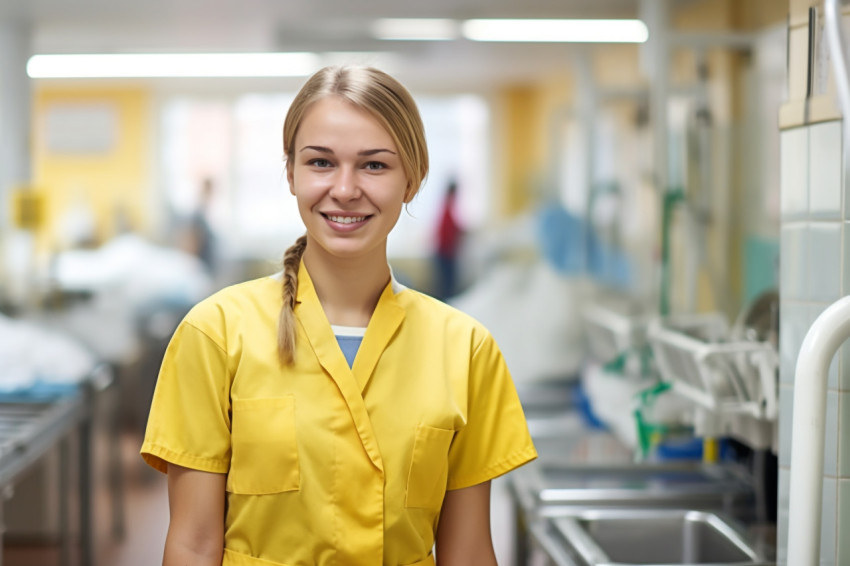 Friendly laundry worker smiling on blurred background