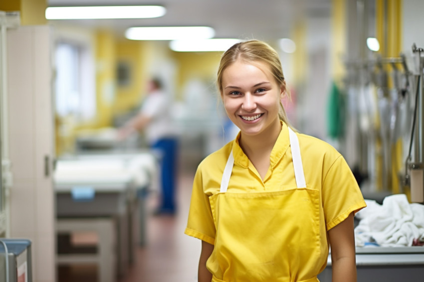 Friendly laundry worker smiling on blurred background