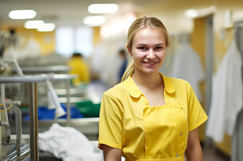 Friendly laundry worker smiling on blurred background