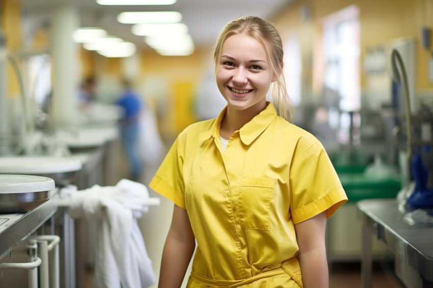 Friendly laundry worker smiling on blurred background