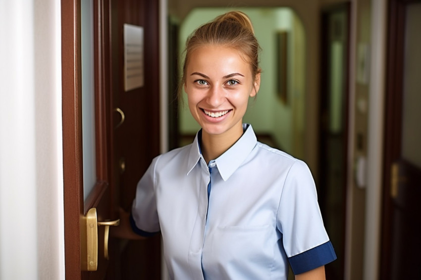 Smiling woman doorkeeper on blurred background