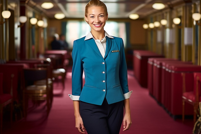 Woman bellhop smiles at work